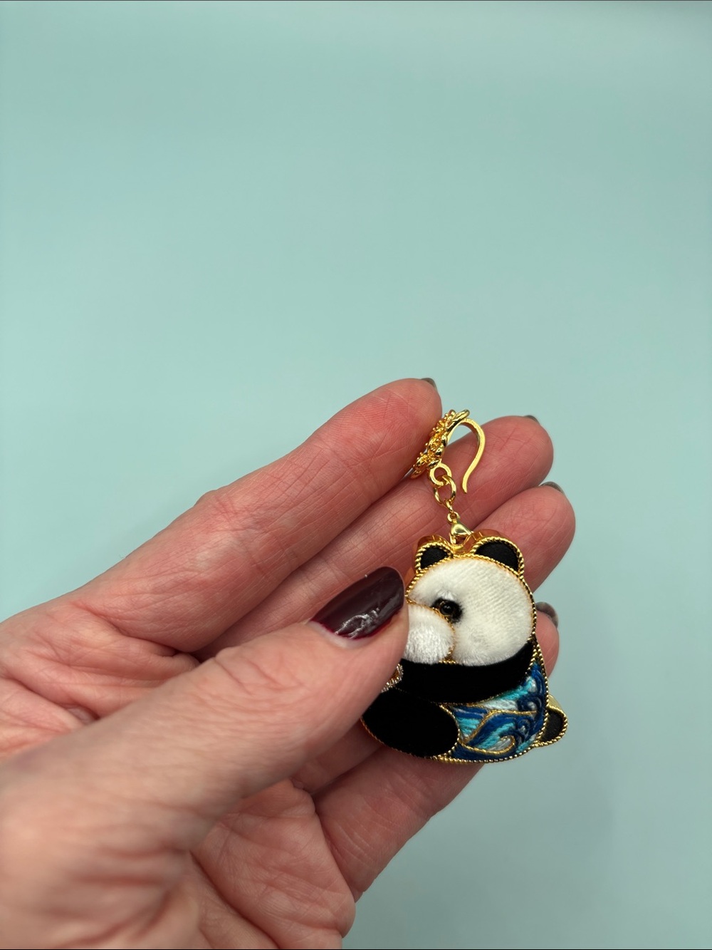 Panda Embroidered, Fur and Gold Piping Pendant with Pearl and Blue Wave Detail - Picture 7 of 8